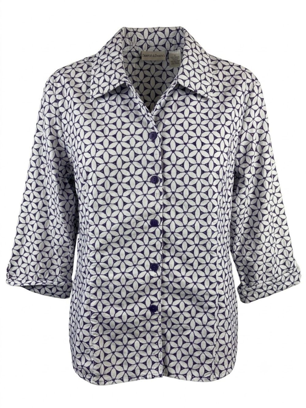 Draper's & Damon's White and Purple Geometric Button-Up Shirt 1X
